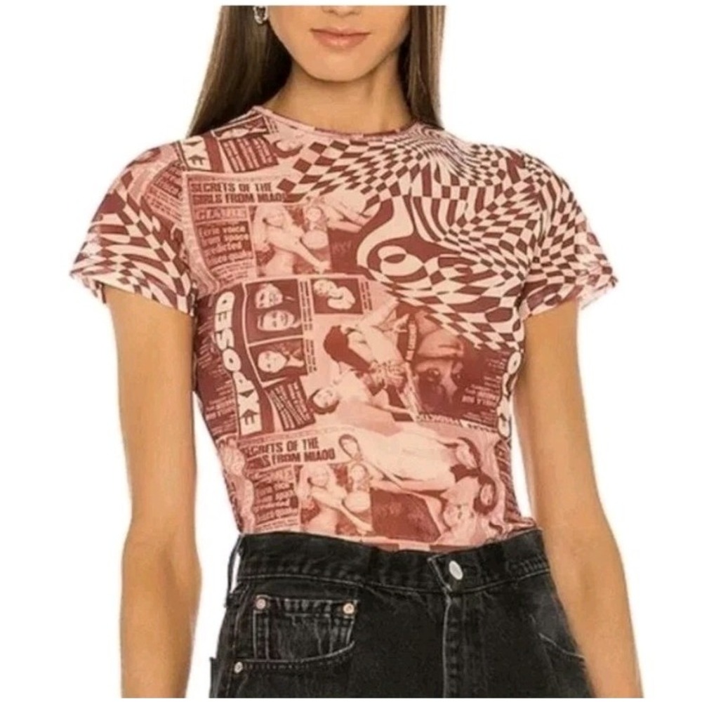 Miaou Mini Mesh Tee in Wanted Vintage Red Shirt Size Small